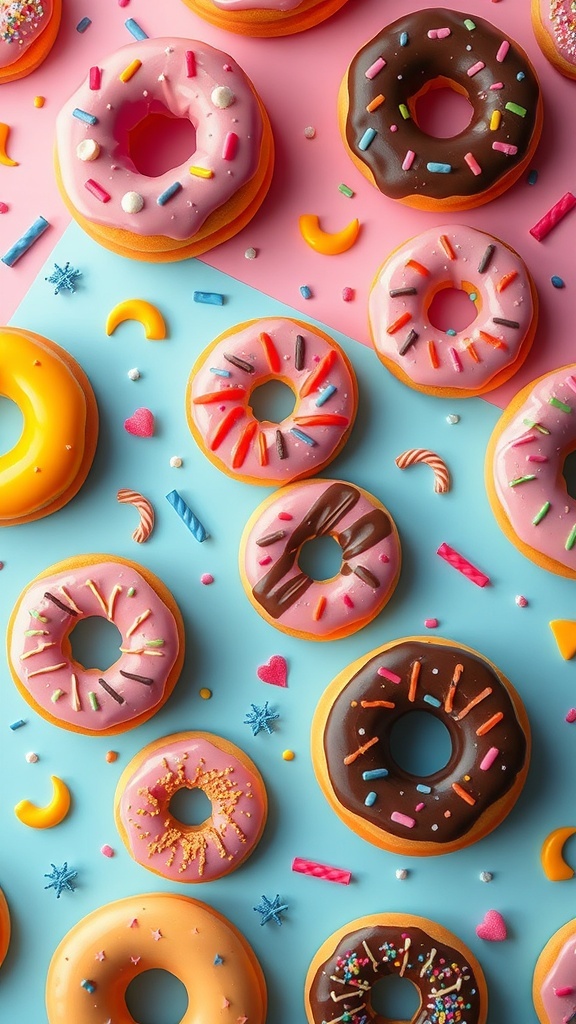 Colorful donut wallpaper design with various donuts and sprinkles.